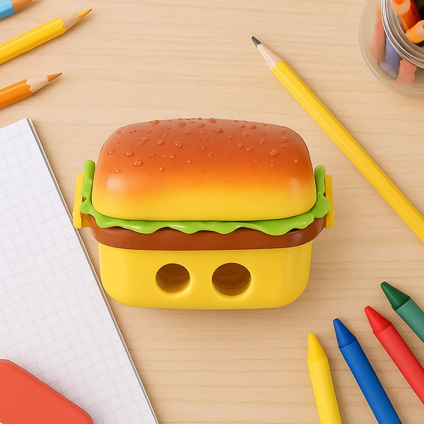 Plastic Burger Shape Small Size Double Hole Sharpener With Eraser (1 Set)